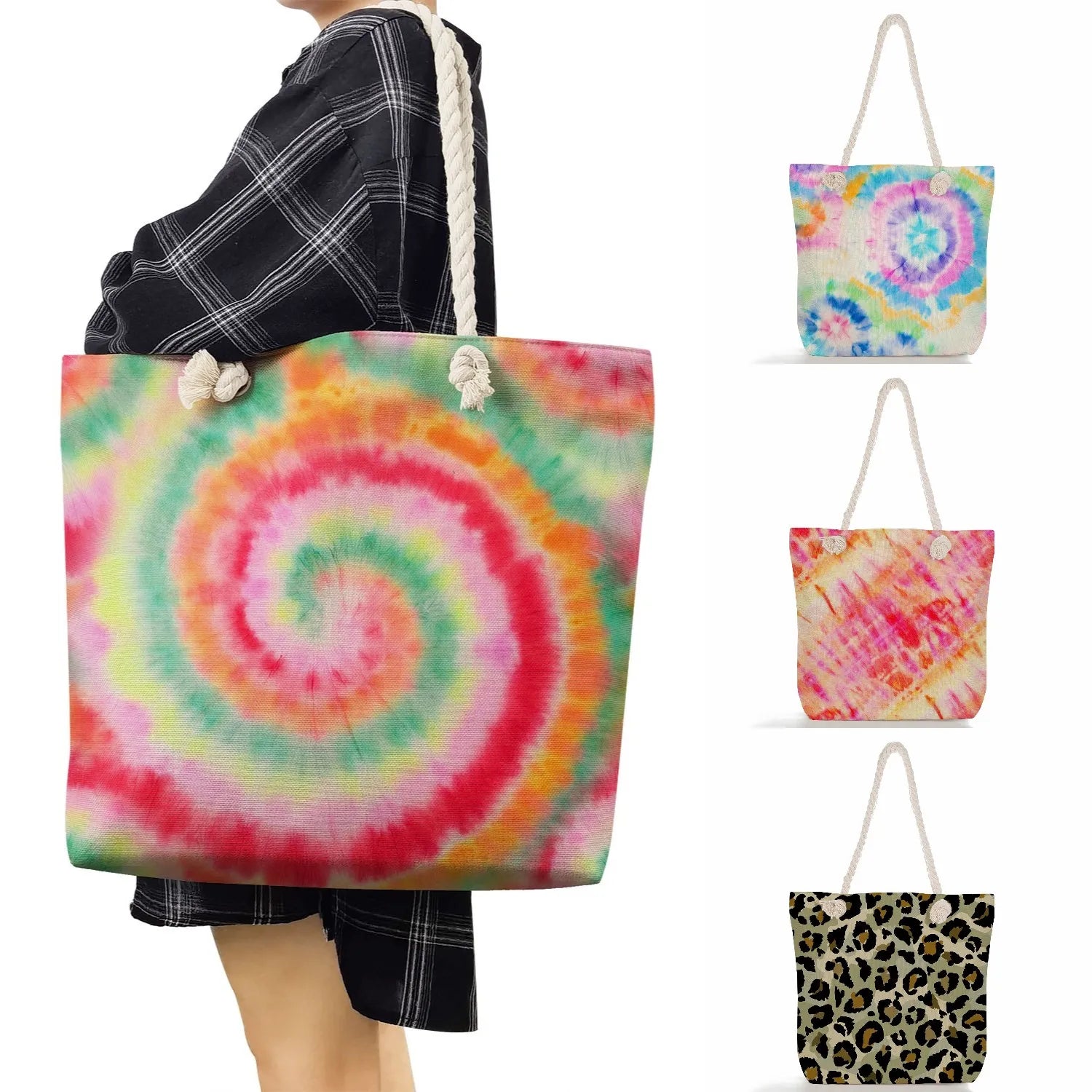 Leopard Tie Dye Reusable Beach Tote Bags Eco-Friendly Grocery Handbag