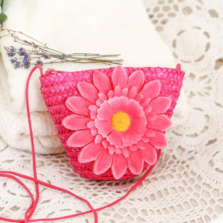 Ethnic Flower Straw Bag Mini Messenger Bag Knit Key Purse Children's Beach Bag
