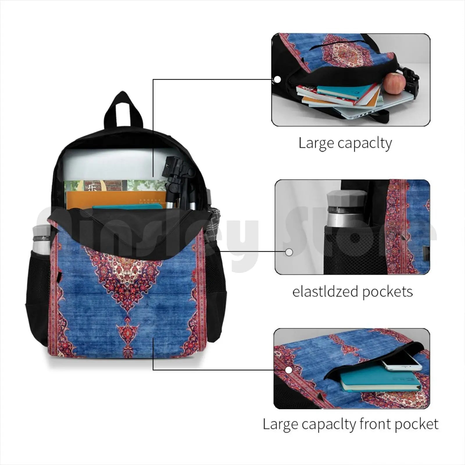 Silk Kashan Central Persian Rug Print Outdoor Hiking Backpack