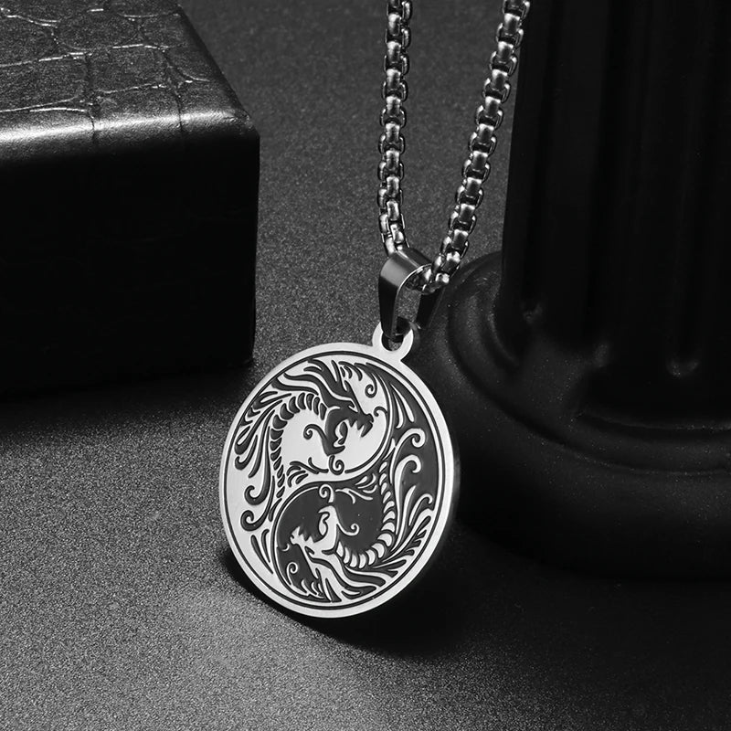 Silver Yin Yang Double Dragon Pendant Necklace
