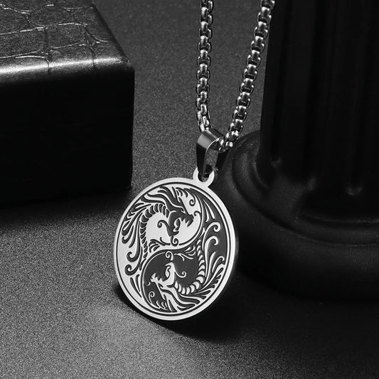 Silver Yin Yang Double Dragon Pendant Necklace
