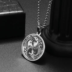 Silver Yin Yang Double Dragon Pendant Necklace