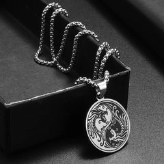 Silver Yin Yang Double Dragon Pendant Necklace