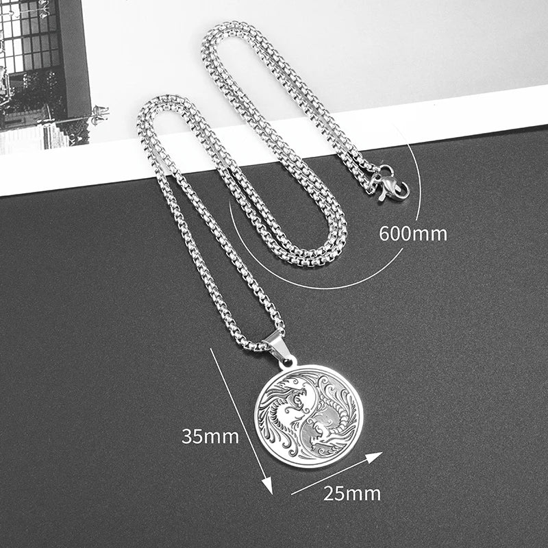 Silver Yin Yang Double Dragon Pendant Necklace