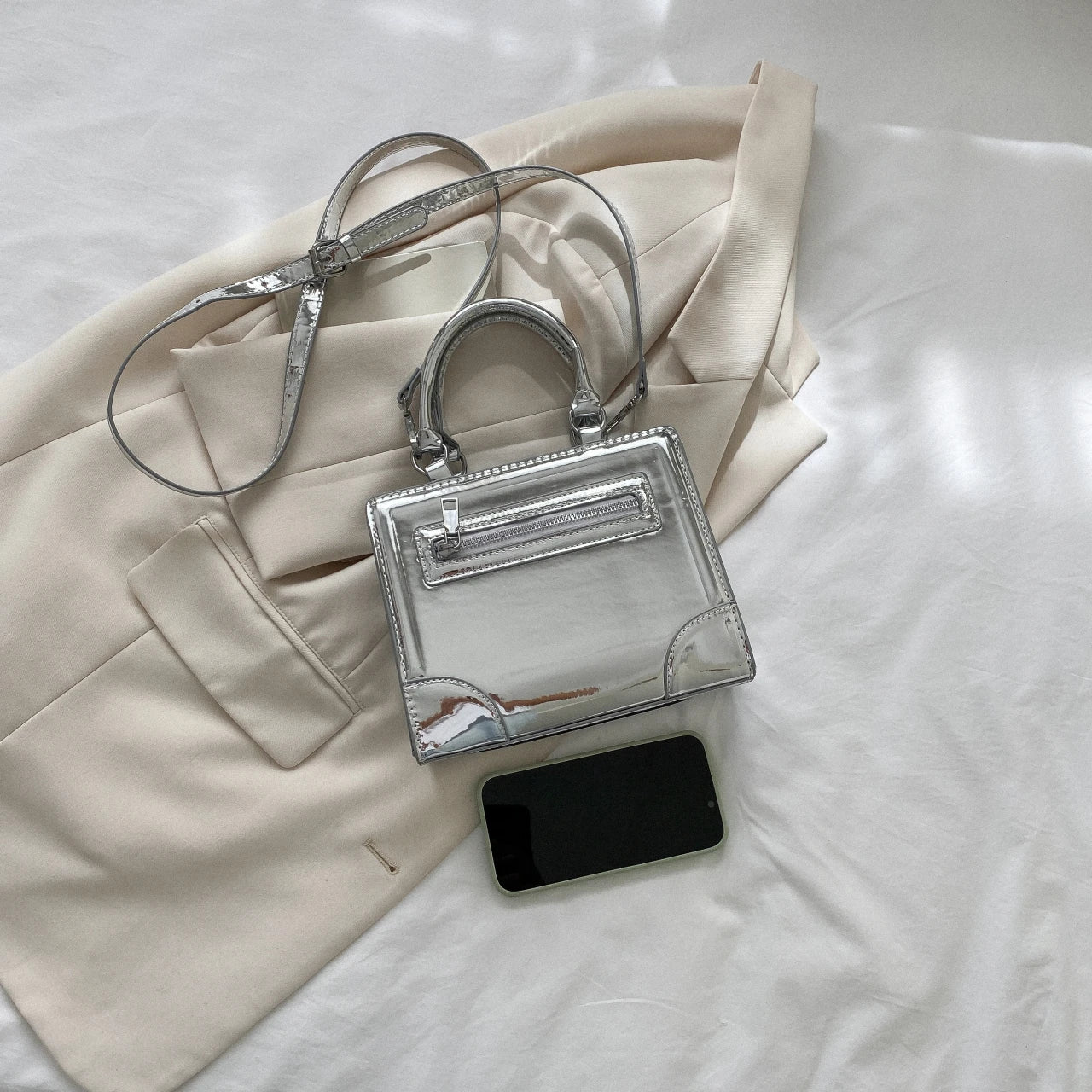 Silver Leather Shoulder Bag Small Square Crossbody Totes