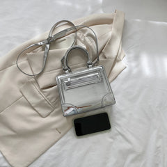 Silver Leather Shoulder Bag Small Square Crossbody Totes