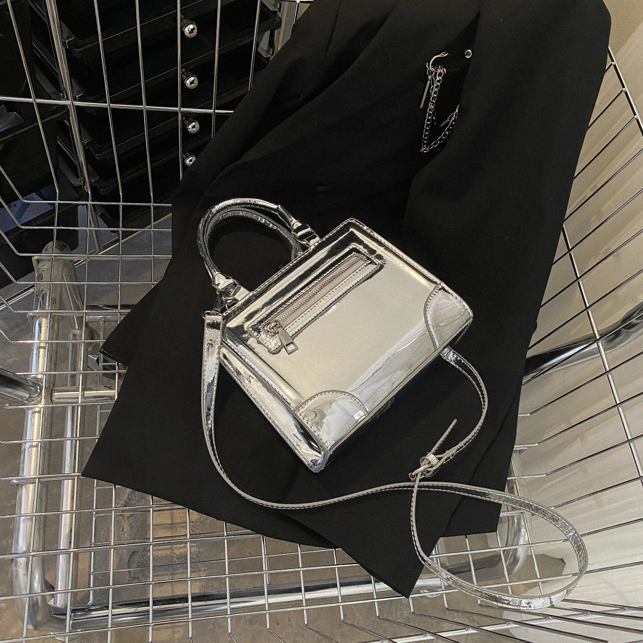 Silver Leather Shoulder Bag Small Square Crossbody Totes