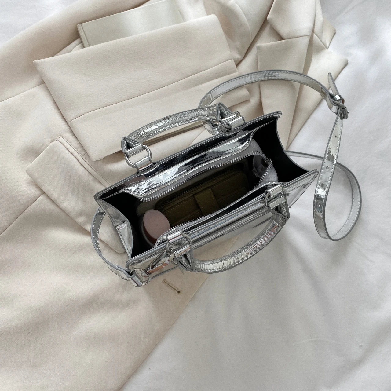 Silver Leather Shoulder Bag Small Square Crossbody Totes