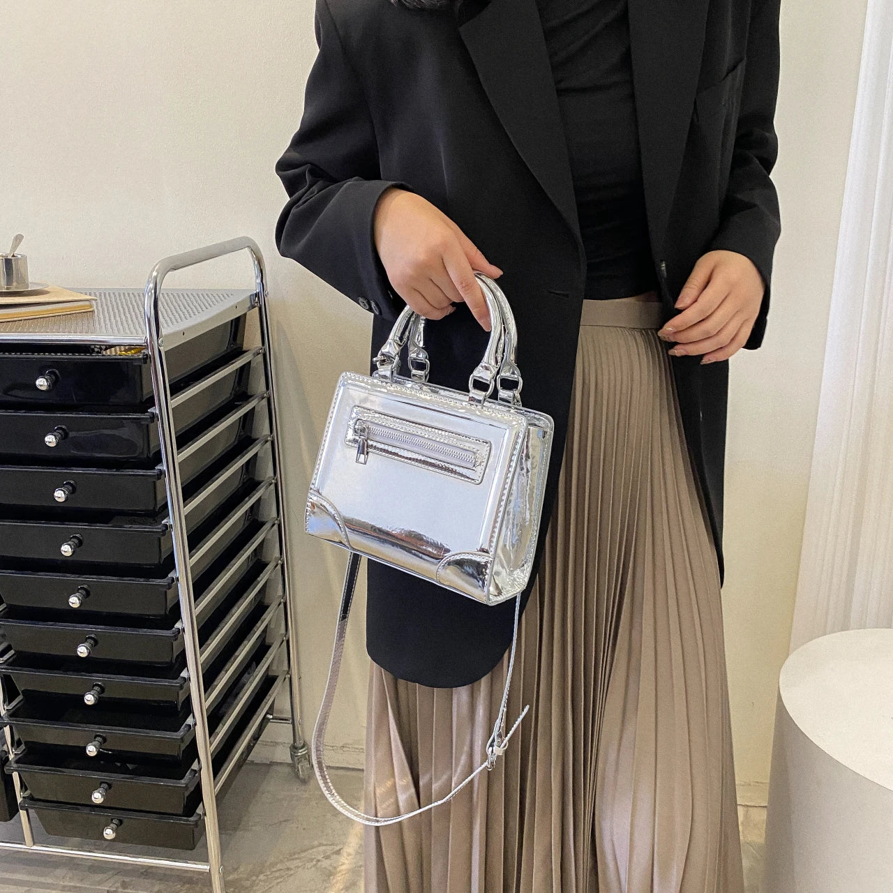 Silver Leather Shoulder Bag Small Square Crossbody Totes