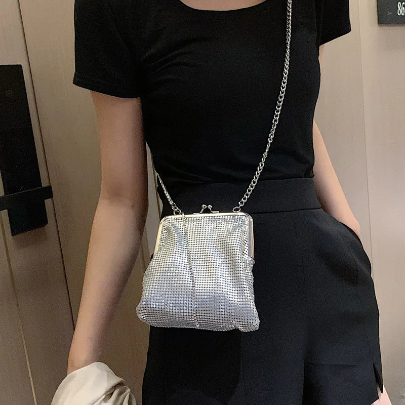 Silver Metal Women Party Clutch Bag Diamond Tassel Crossbody Chain Bag