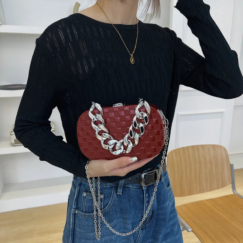 Silver PVC Box Party Clutch Bag Chain Shoulder Crossbody Mini Purse
