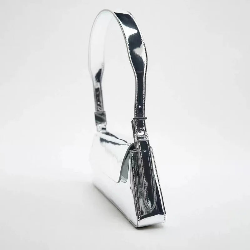 Silver Patent Pu Leather Shoulder Bag for Women Ladies Handbag Evening Party Clu