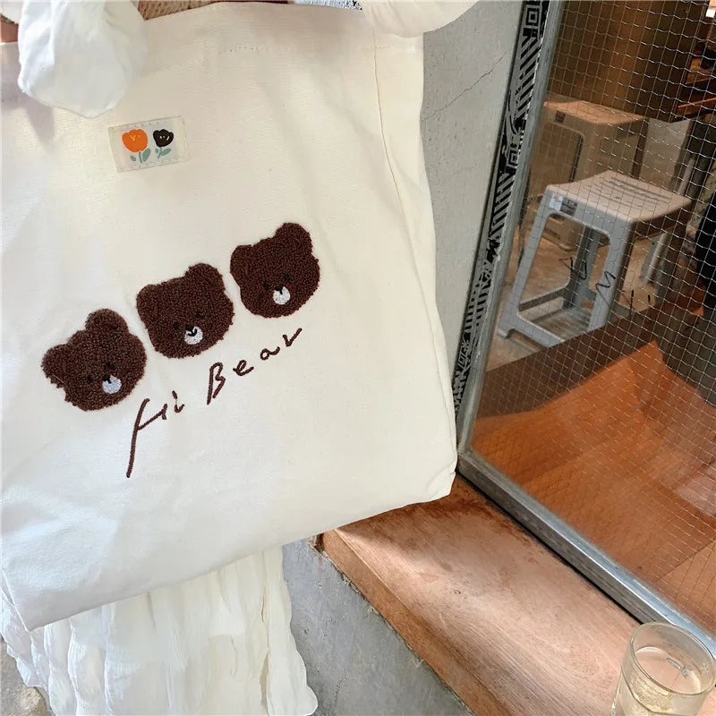 Women's Bear Embroidered Shopping Bag - Large Capacity Tote Shoulder Bags