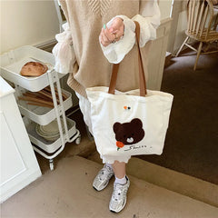 Women's Bear Embroidered Shopping Bag - Large Capacity Tote Shoulder Bags