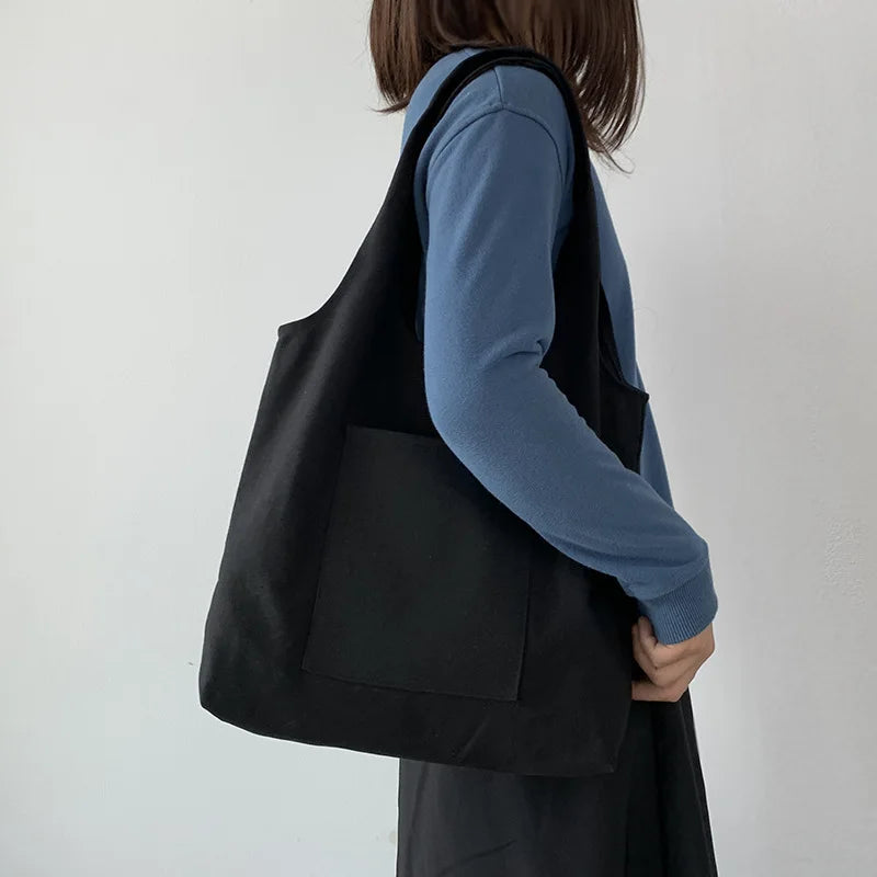 Large Capacity Canvas Shopper Bag Solid Color Tote Handbag