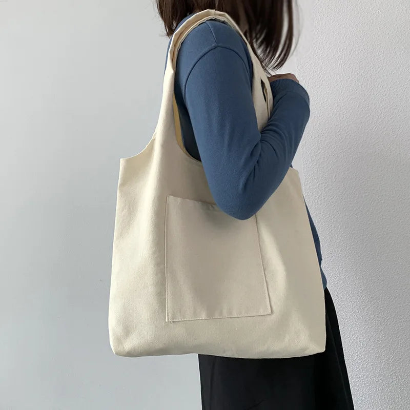 Large Capacity Canvas Shopper Bag Solid Color Tote Handbag