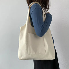 Large Capacity Canvas Shopper Bag Solid Color Tote Handbag