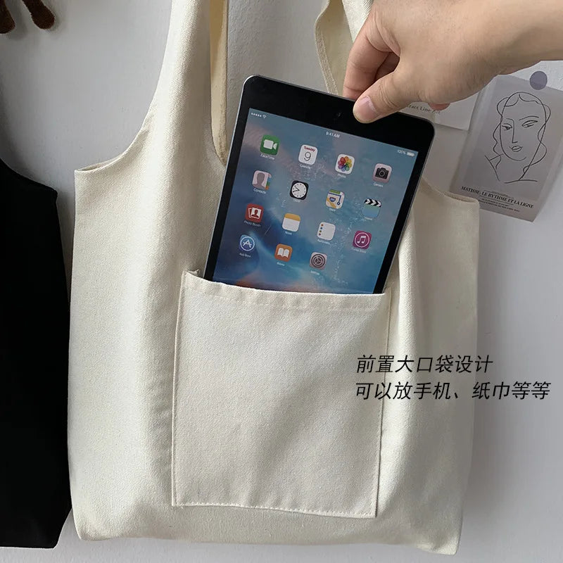 Large Capacity Canvas Shopper Bag Solid Color Tote Handbag
