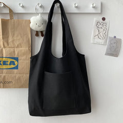 Large Capacity Canvas Shopper Bag Solid Color Tote Handbag