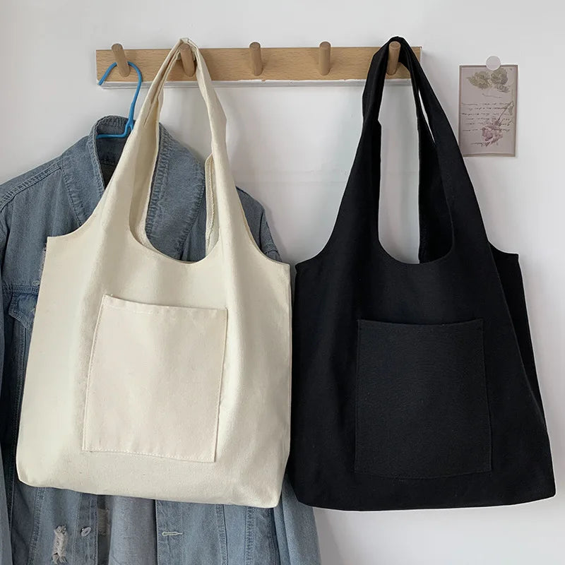 Large Capacity Canvas Shopper Bag Solid Color Tote Handbag