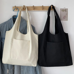 Large Capacity Canvas Shopper Bag Solid Color Tote Handbag