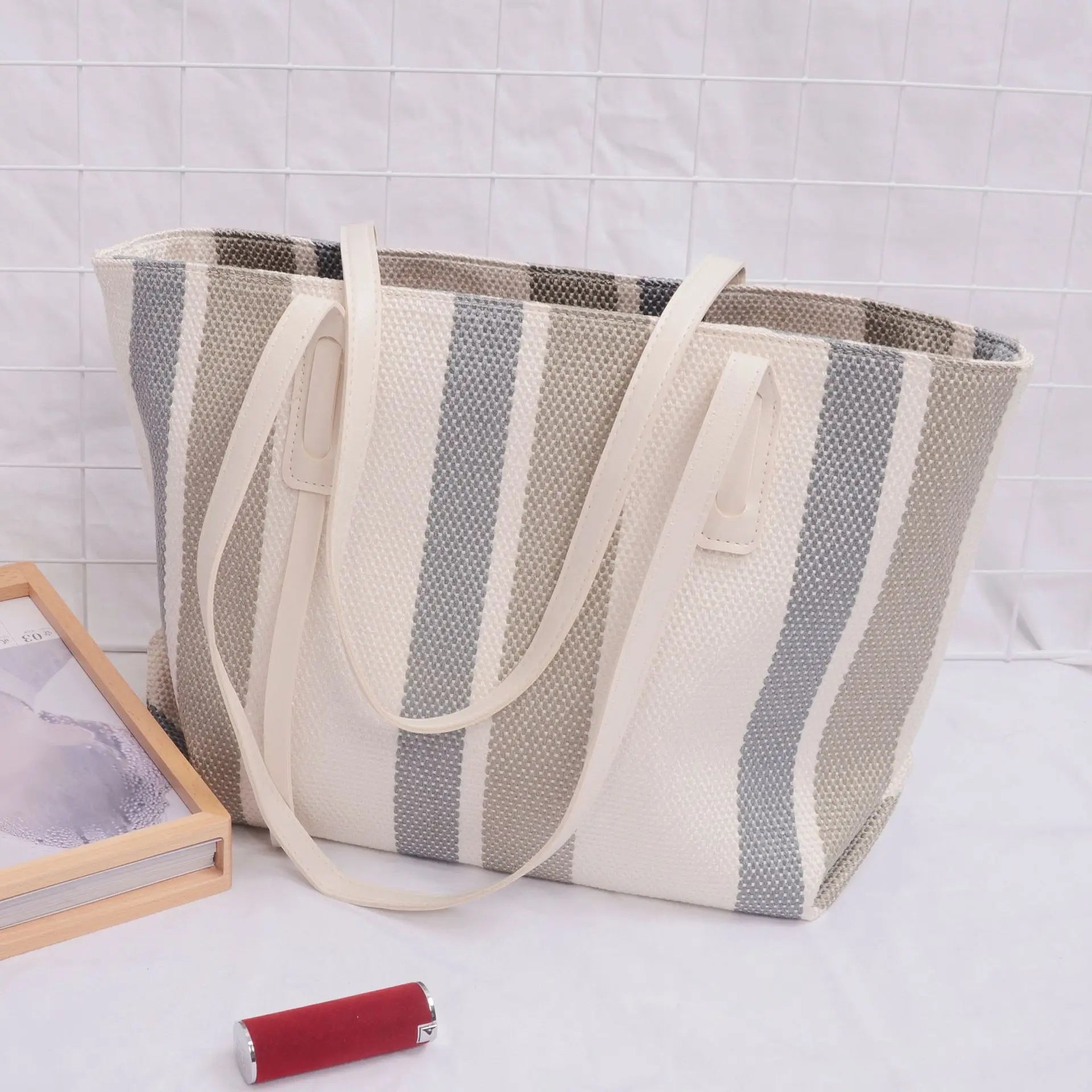 Large Canvas Handbag Vintage Striped Tote Bag Female Briefcase Style
