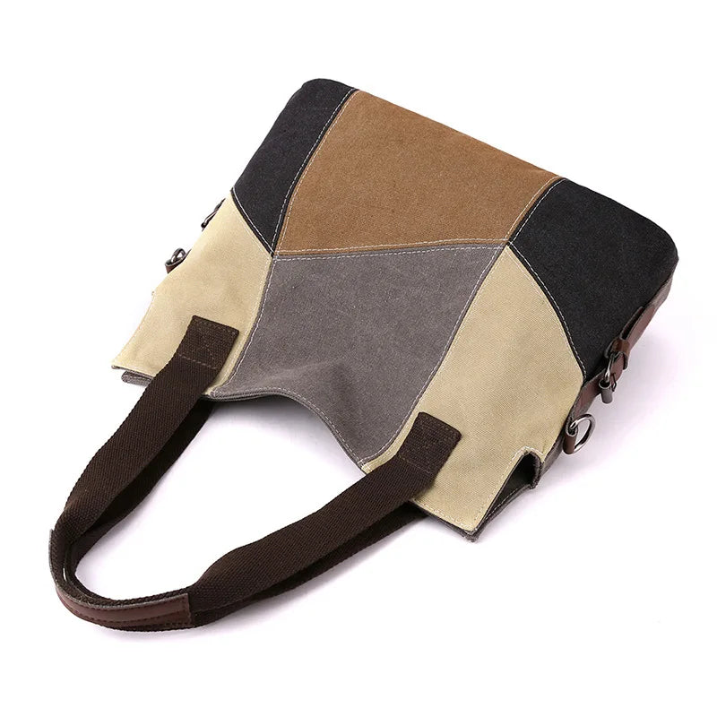 Women's Contrast Canvas Bag Large Capacity Retro Stitching Handbag