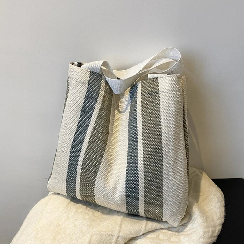 Striped Canvas Shoulder Bag for Women Casual, Large-capacity Handbag