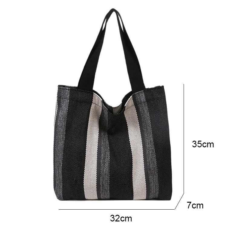 Striped Canvas Shoulder Bag for Women Casual, Large-capacity Handbag