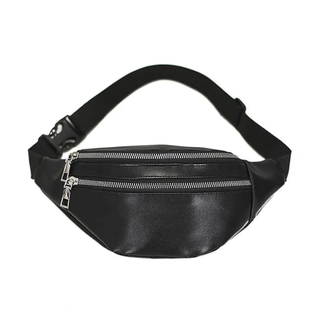 Solid Chest Bag Female Double-zipper Crossbody Bag PU Leather Fanny Pack