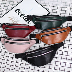 Solid Chest Bag Female Double-zipper Crossbody Bag PU Leather Fanny Pack