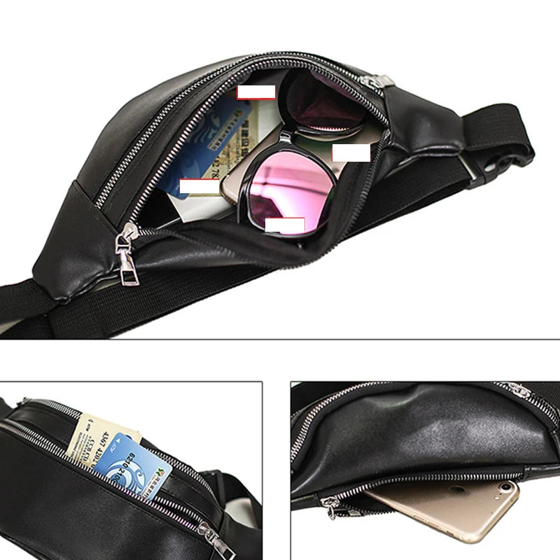 Solid Chest Bag Female Double-zipper Crossbody Bag PU Leather Fanny Pack