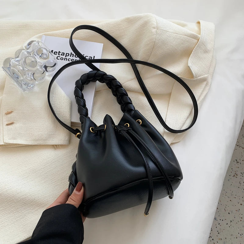 Solid Drawstring Handbags for Women Leather Shoulder Bag Candy Colors Hobo