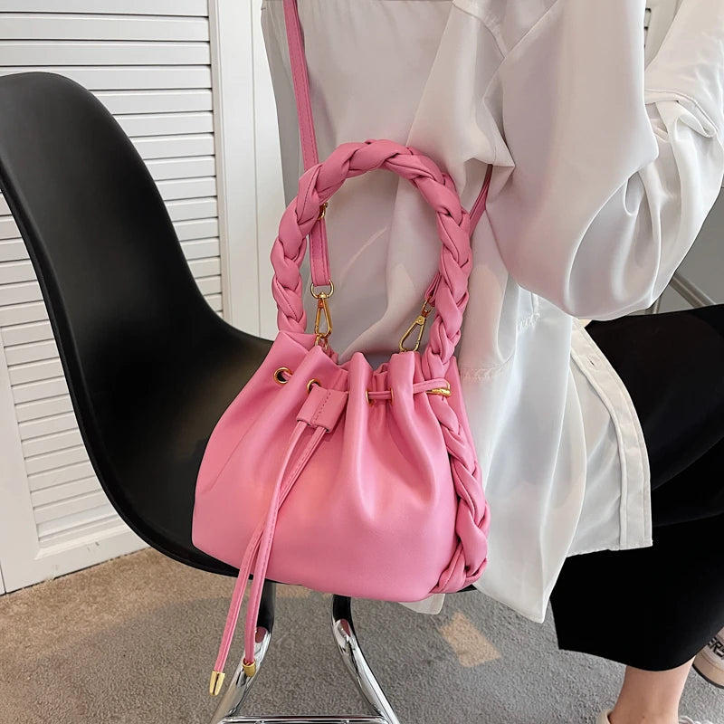 Solid Drawstring Handbags for Women Leather Shoulder Bag Candy Colors Hobo