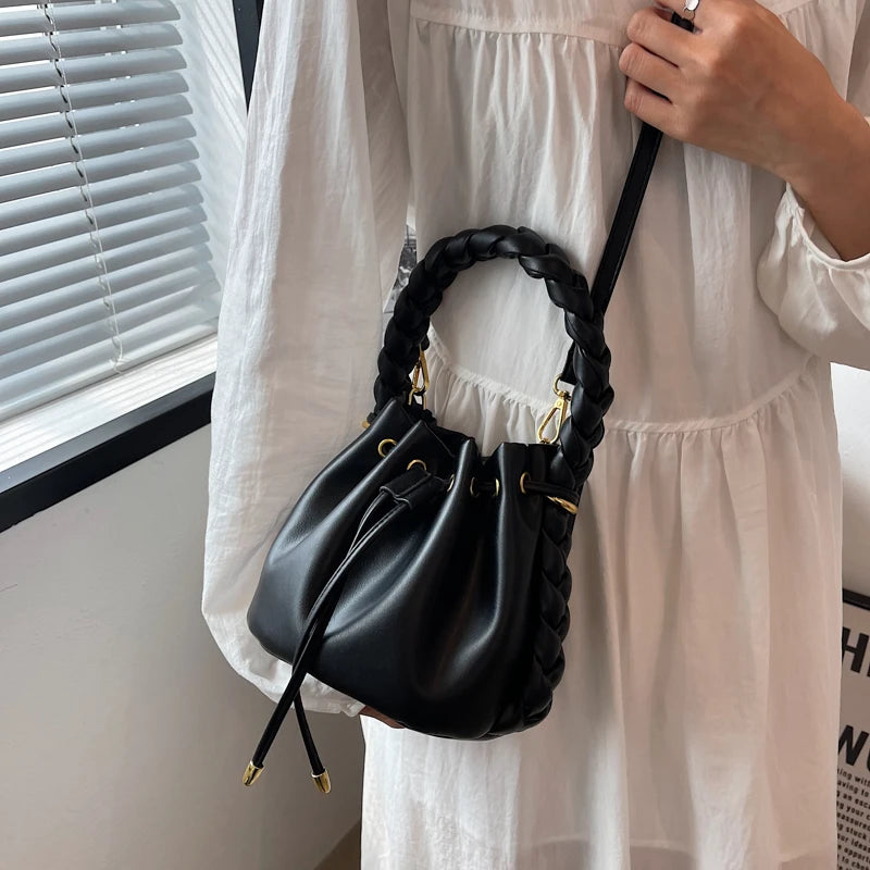 Solid Drawstring Handbags for Women Leather Shoulder Bag Candy Colors Hobo