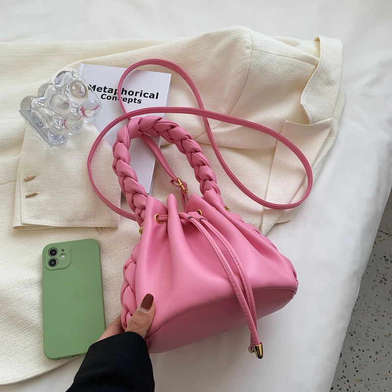 Solid Drawstring Handbags for Women Leather Shoulder Bag Candy Colors Hobo