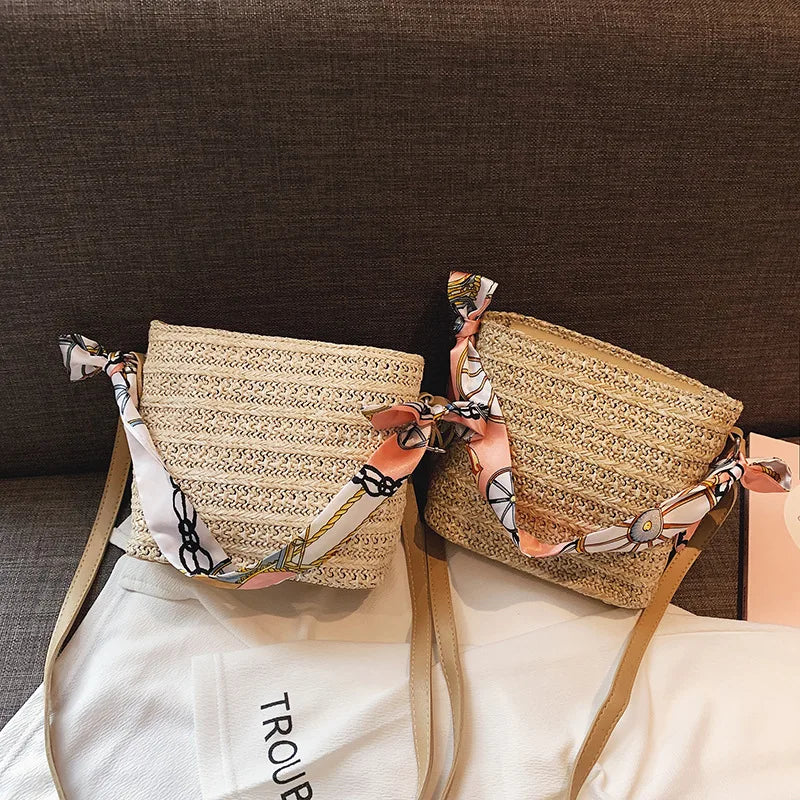 Woven Straw Bag Women Silk Scarf Handle Bucket Soft-Faced Handbag