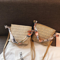 Woven Straw Bag Women Silk Scarf Handle Bucket Soft-Faced Handbag