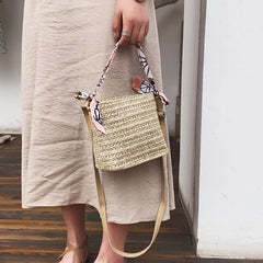 Woven Straw Bag Women Silk Scarf Handle Bucket Soft-Faced Handbag