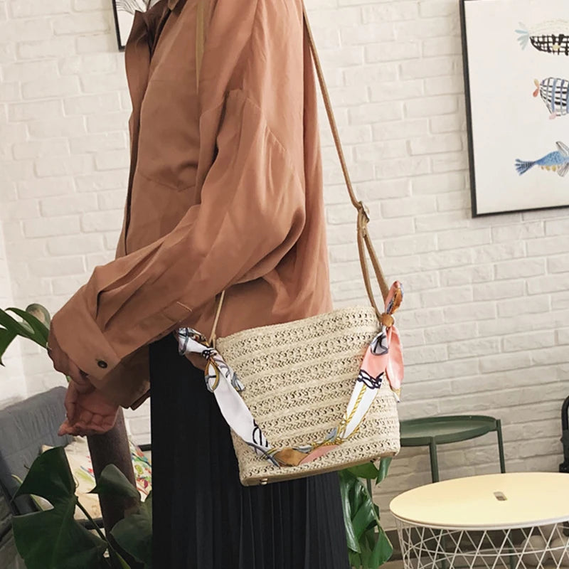 Woven Straw Bag Women Silk Scarf Handle Bucket Soft-Faced Handbag