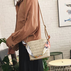 Woven Straw Bag Women Silk Scarf Handle Bucket Soft-Faced Handbag