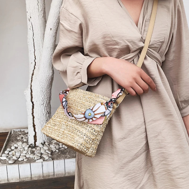 Woven Straw Bag Women Silk Scarf Handle Bucket Soft-Faced Handbag
