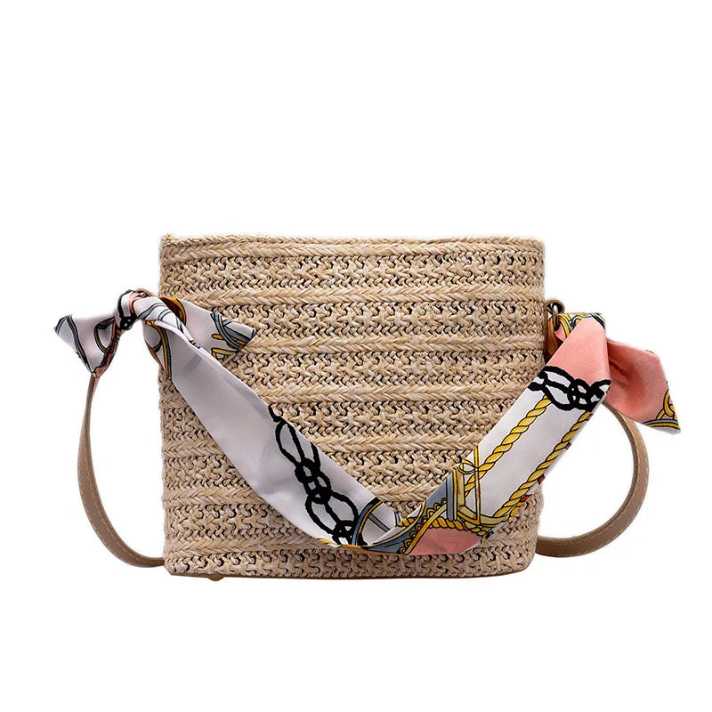 Woven Straw Bag Women Silk Scarf Handle Bucket Soft-Faced Handbag
