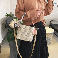 Woven Straw Bag Women Silk Scarf Handle Bucket Soft-Faced Handbag