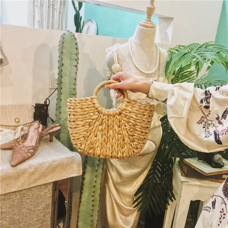 Girls Straw Handbag Woven Rattan Round Handle Bags