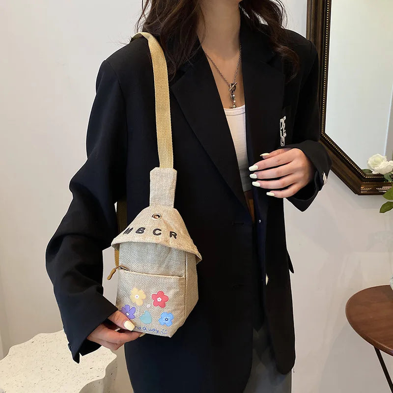 Floral Print Crossbody Bag for Women Linen Messenger Chest Bags