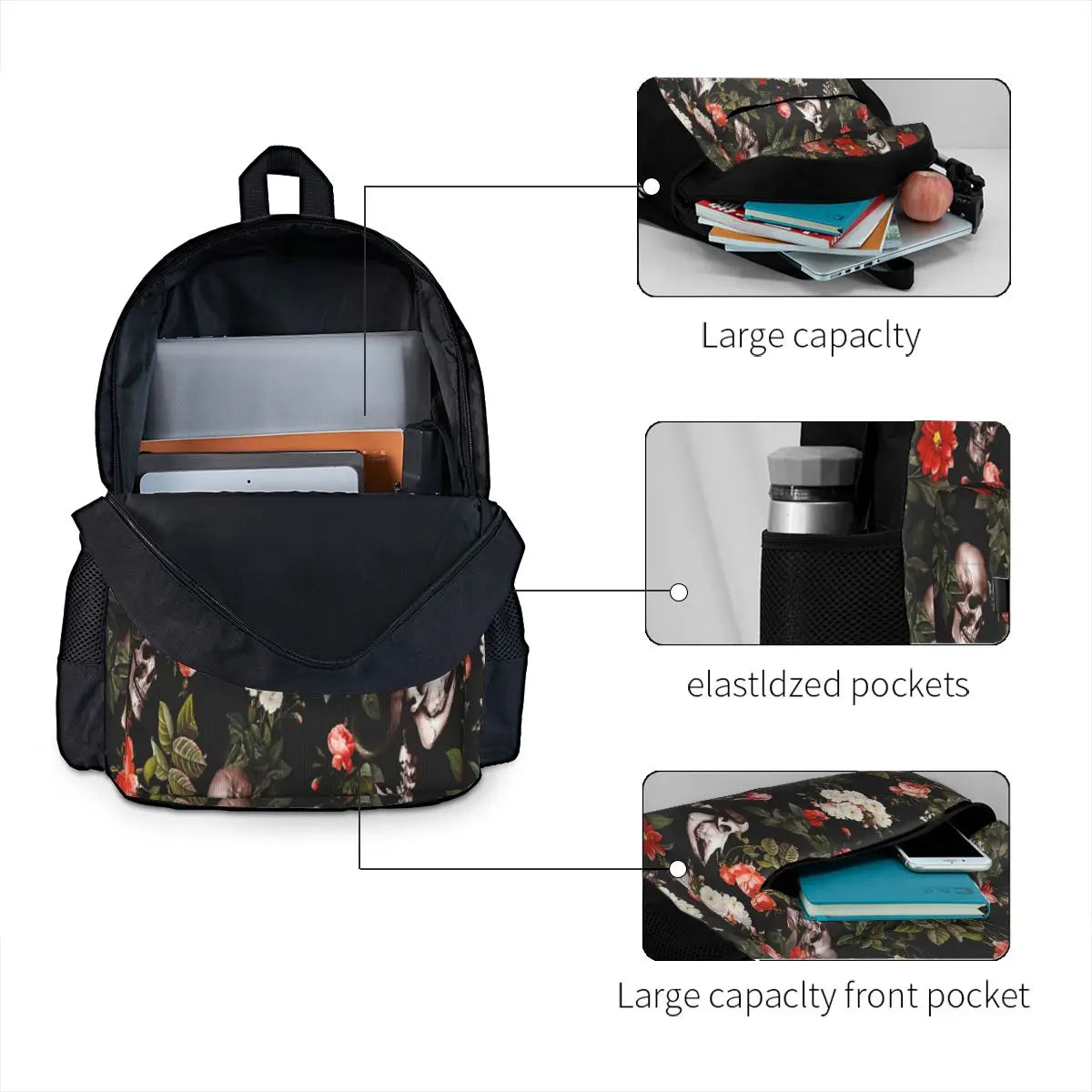 Skull And Floral Pattern Backpacks Men's Backpacks Bags For Women