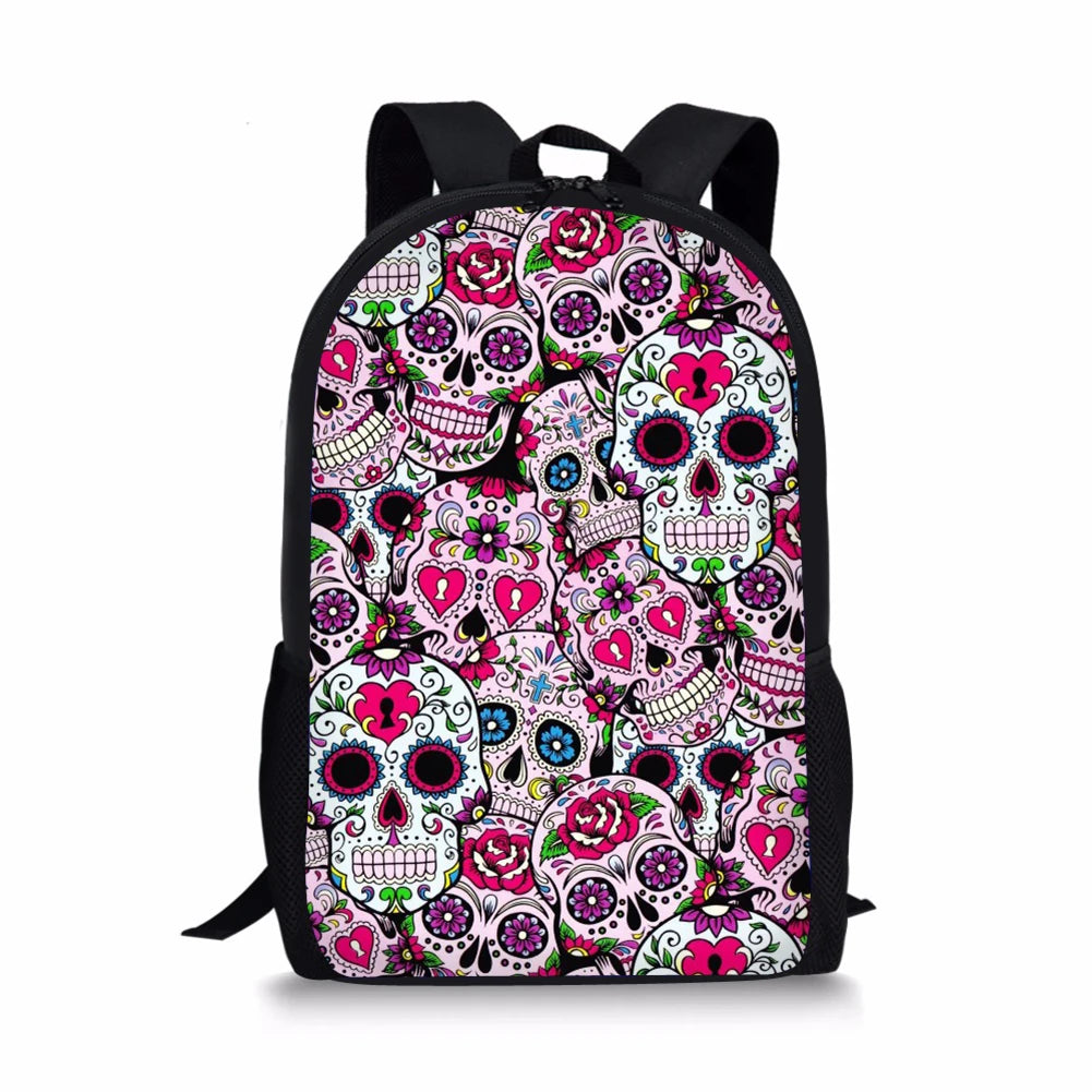 Skull Flower Pattern School Bags for Girls Fashionable Teenagers Backpacks