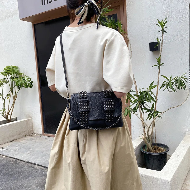 Skull Rivet Women Bag Soft Pu Leather Shoulder Bags Punk Crossbody Bags