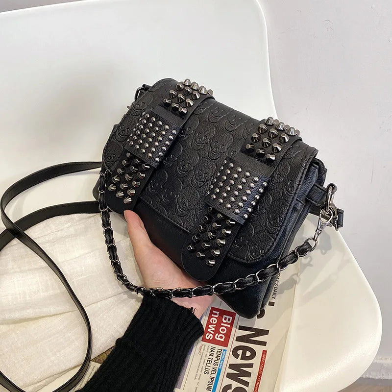 Skull Rivet Women Bag Soft Pu Leather Shoulder Bags Punk Crossbody Bags